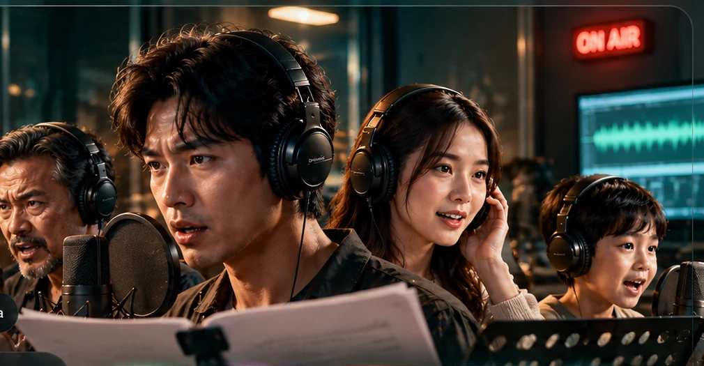 ทีมนักพากย์หลายตัวละครกำลังบันทึกเสียงในสตูดิโอ